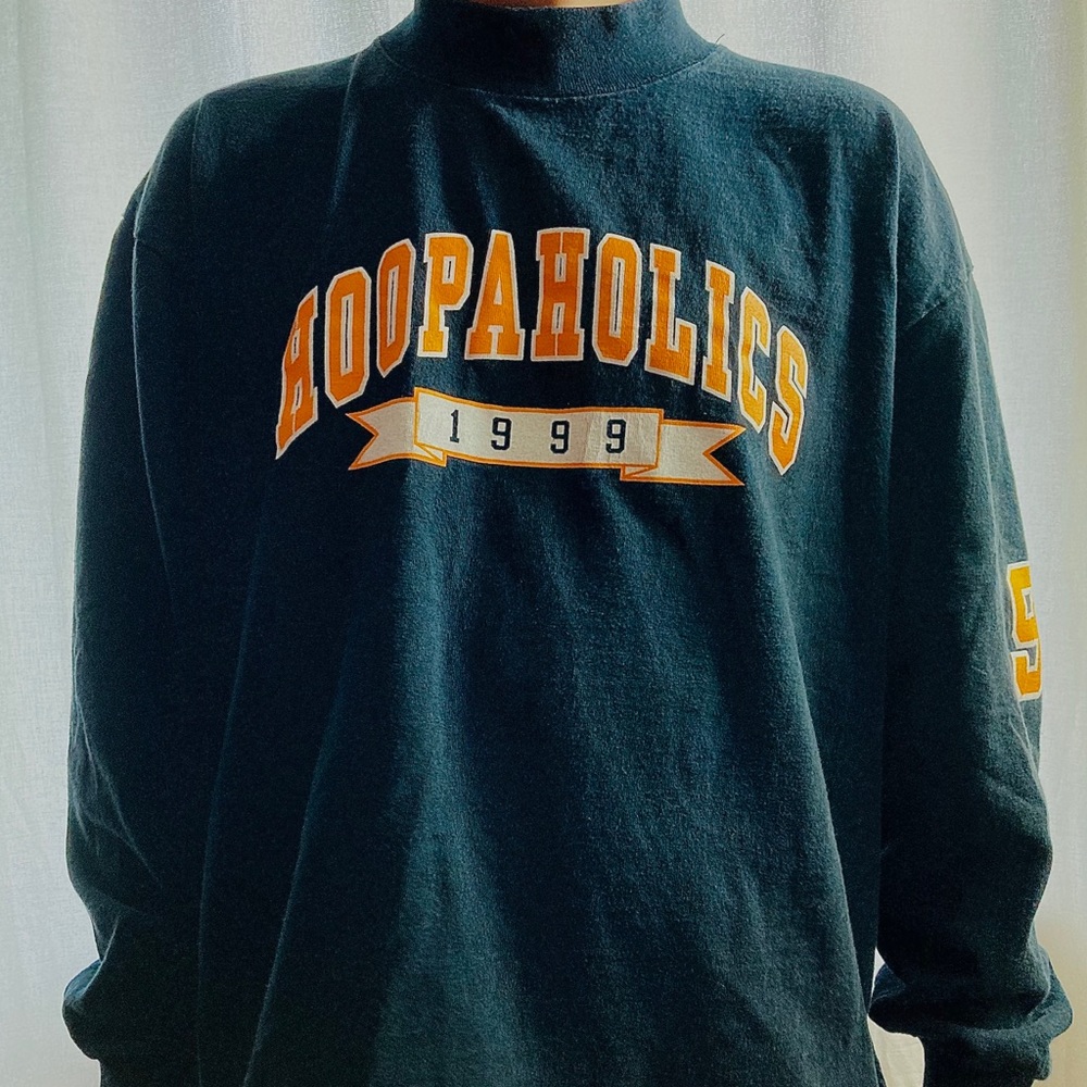 Black long sleeve graphic mock neck tee